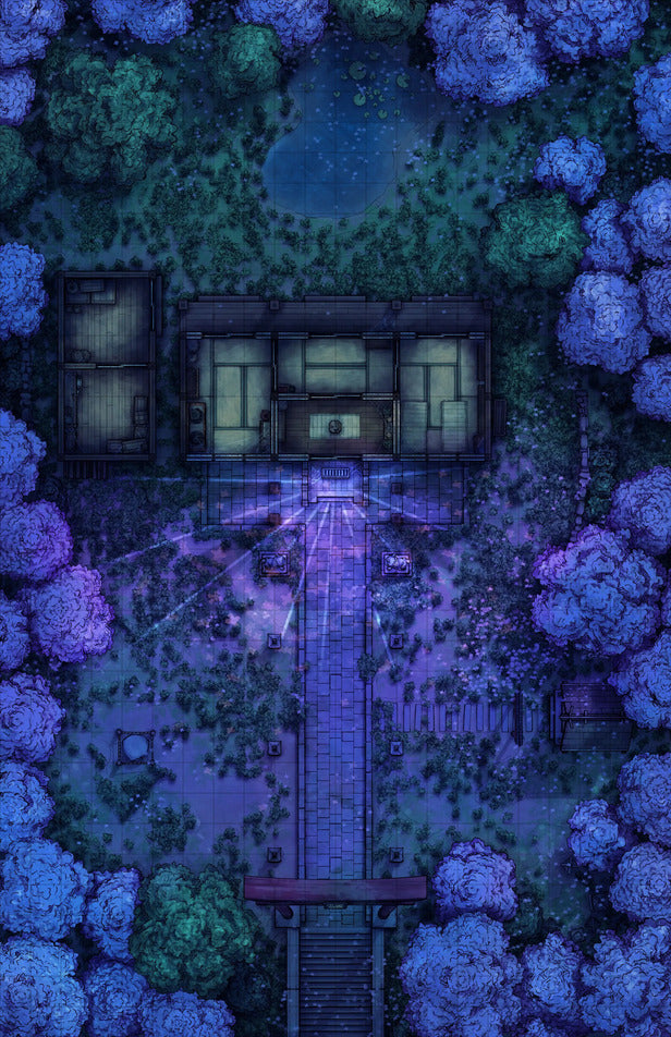 Hakurei Shrine Battlemap - overhead view temple complex - Digital, Foundry VTT, Print