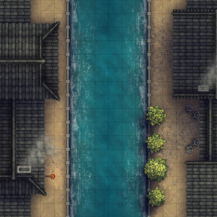 Modular Japanese City Streets Tileset Battlemap - overhead view canal city - Digital, Foundry VTT, Print