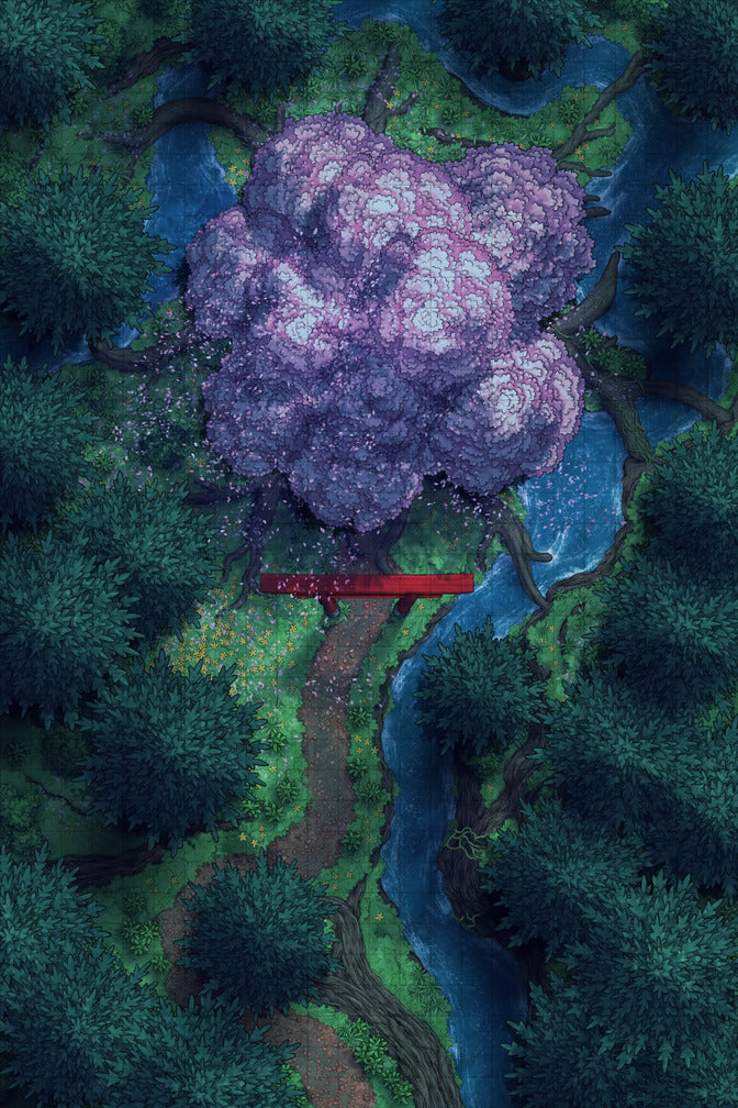 Giant Hollow Tree Shrine & More Battlemap - overhead view forest red bridge - Digital, Foundry VTT, Print