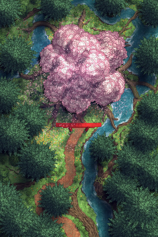 Giant Hollow Tree Shrine & More Battlemap - overhead view pink-blossomed tree - Digital, Foundry VTT, Print