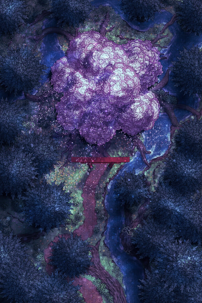 Giant Hollow Tree Shrine & More Battlemap - purple tree red bridge - Digital, Foundry VTT, Print