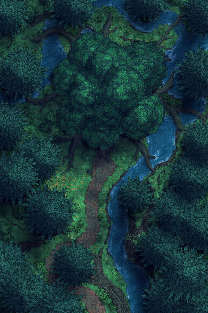 Giant Hollow Tree Shrine & More Battlemap - overhead view forest river path - Digital, Foundry VTT, Print