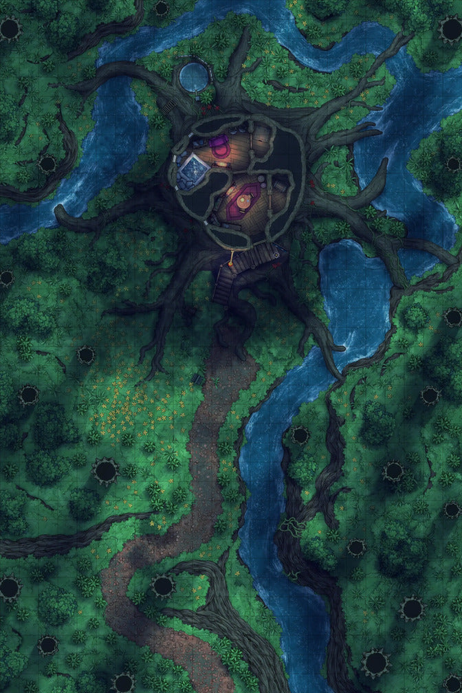 Giant Hollow Tree Shrine & More Battlemap - fantasy treehouse map - Digital, Foundry VTT, Print