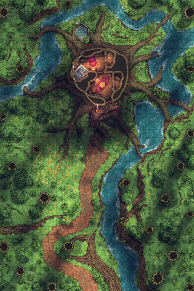 Giant Hollow Tree Shrine & More Battlemap - elven treehouse map - Digital, Foundry VTT, Print