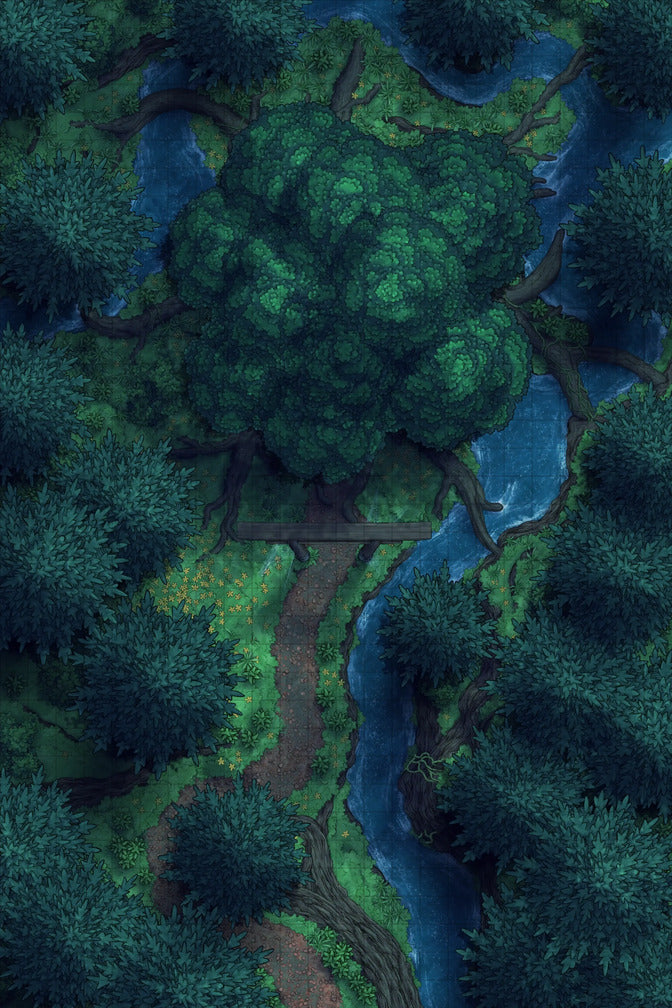 Giant Hollow Tree Shrine & More Battlemap - overhead view forest river path - Digital, Foundry VTT, Print