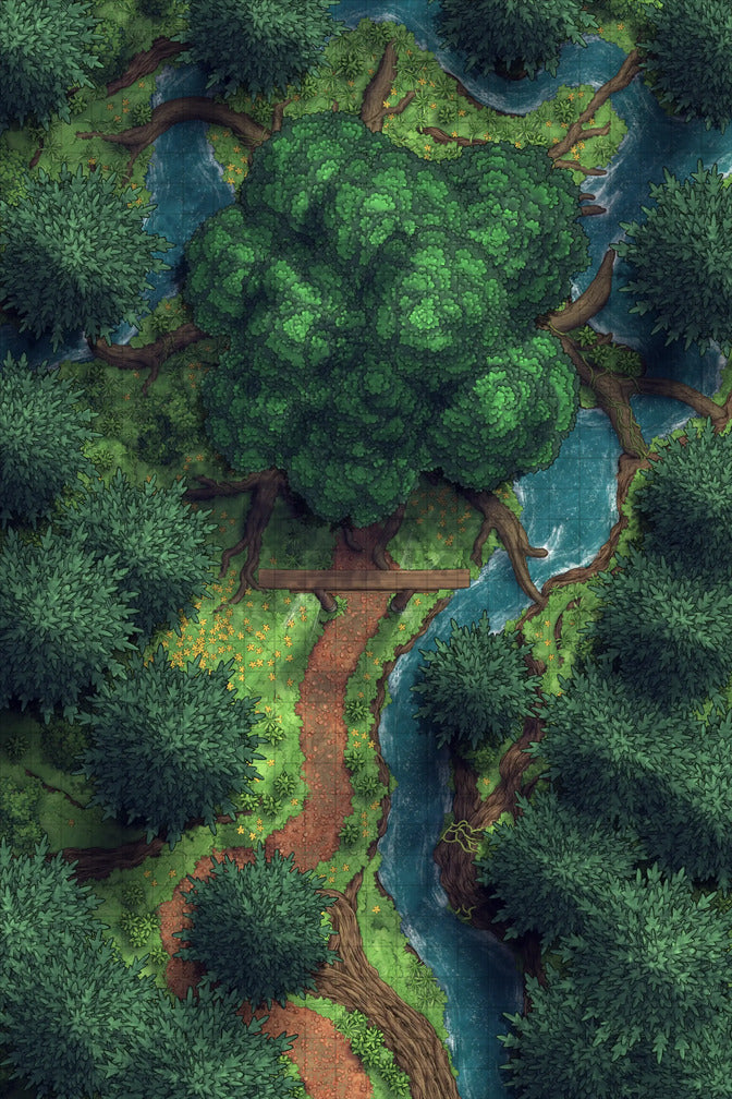 Giant Hollow Tree Shrine & More Battlemap - overhead view forest tree river - Digital, Foundry VTT, Print