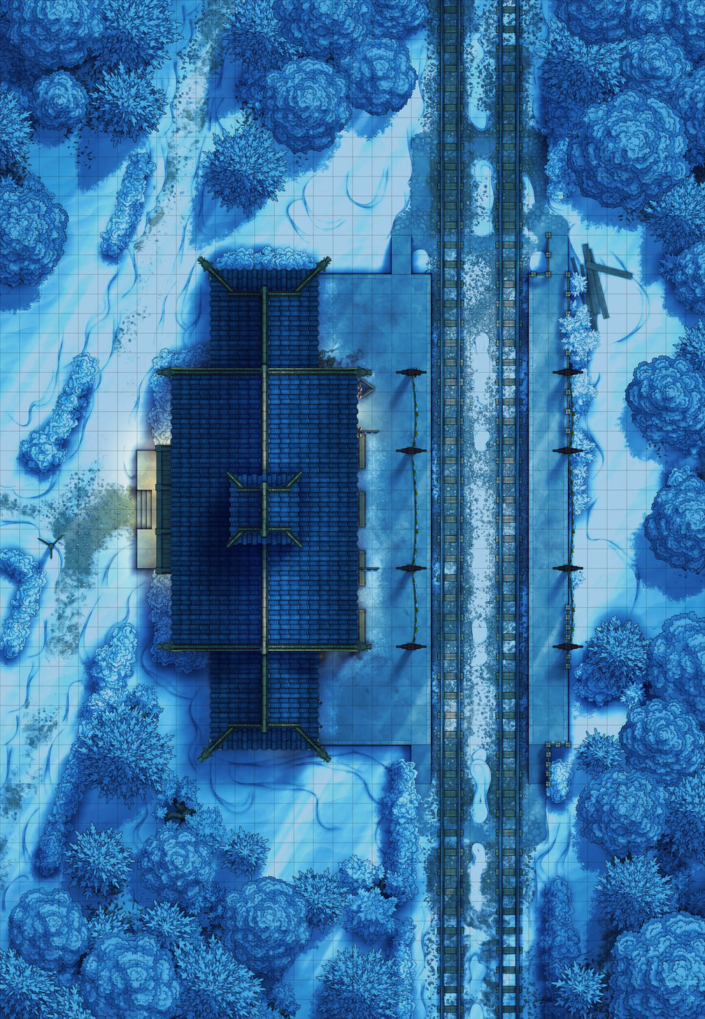 Rural Train Station Battlemap - Winter 02 Night - DnD Map, Digital, Foundry VTT, Print