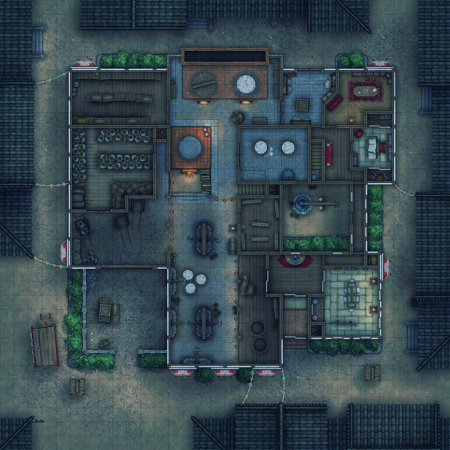 Smugglers’ Sake Brewery Hideout Battlemap - overhead view layout - Digital, Foundry VTT, Print