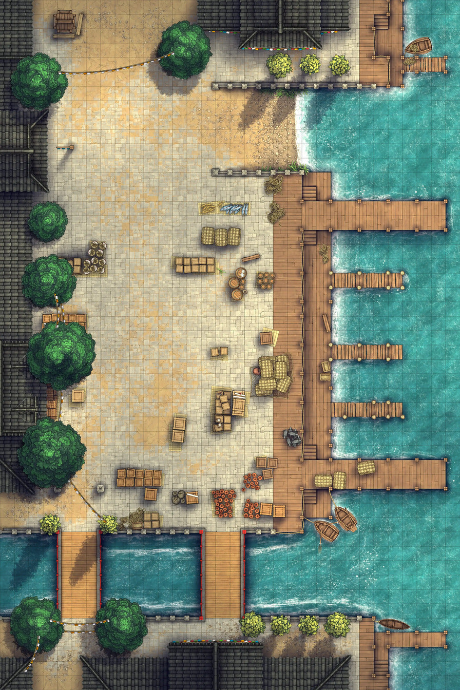 Asian City Seaport Dock Warehouse Battlemap - overhead view port - Digital, Foundry VTT, Print