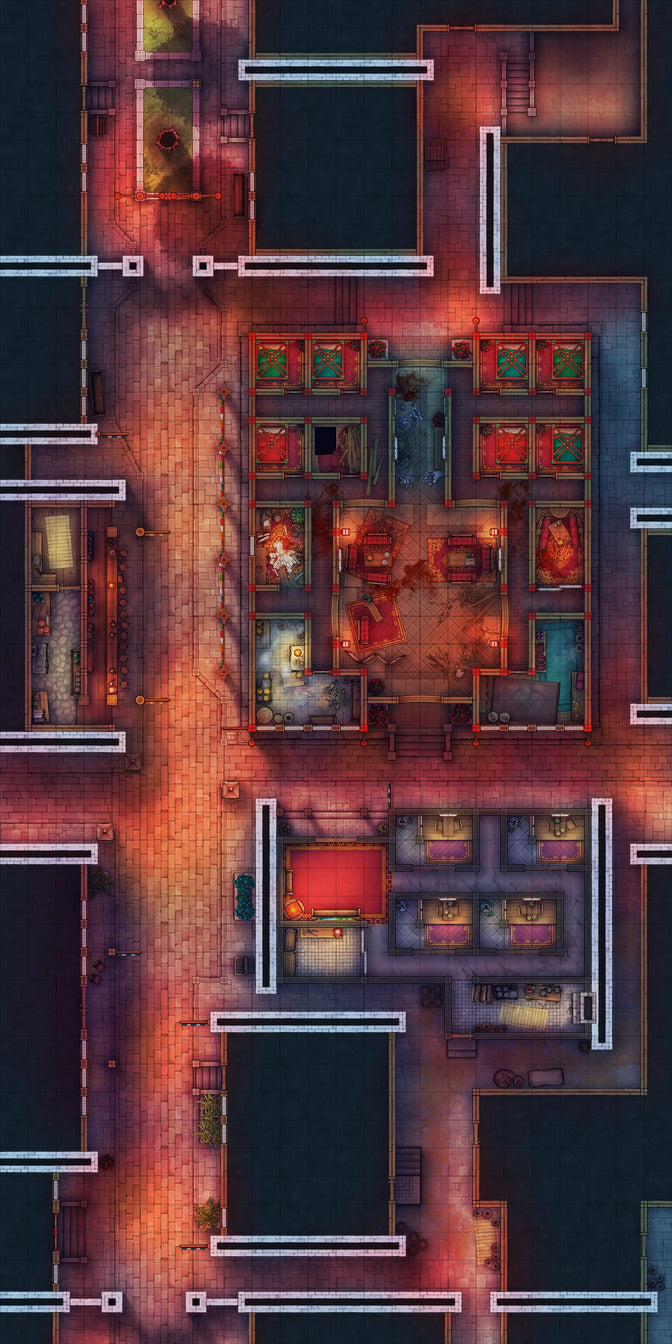 Chinese City Red Light District Battlemap - fantasy map - Digital, Foundry VTT, Print