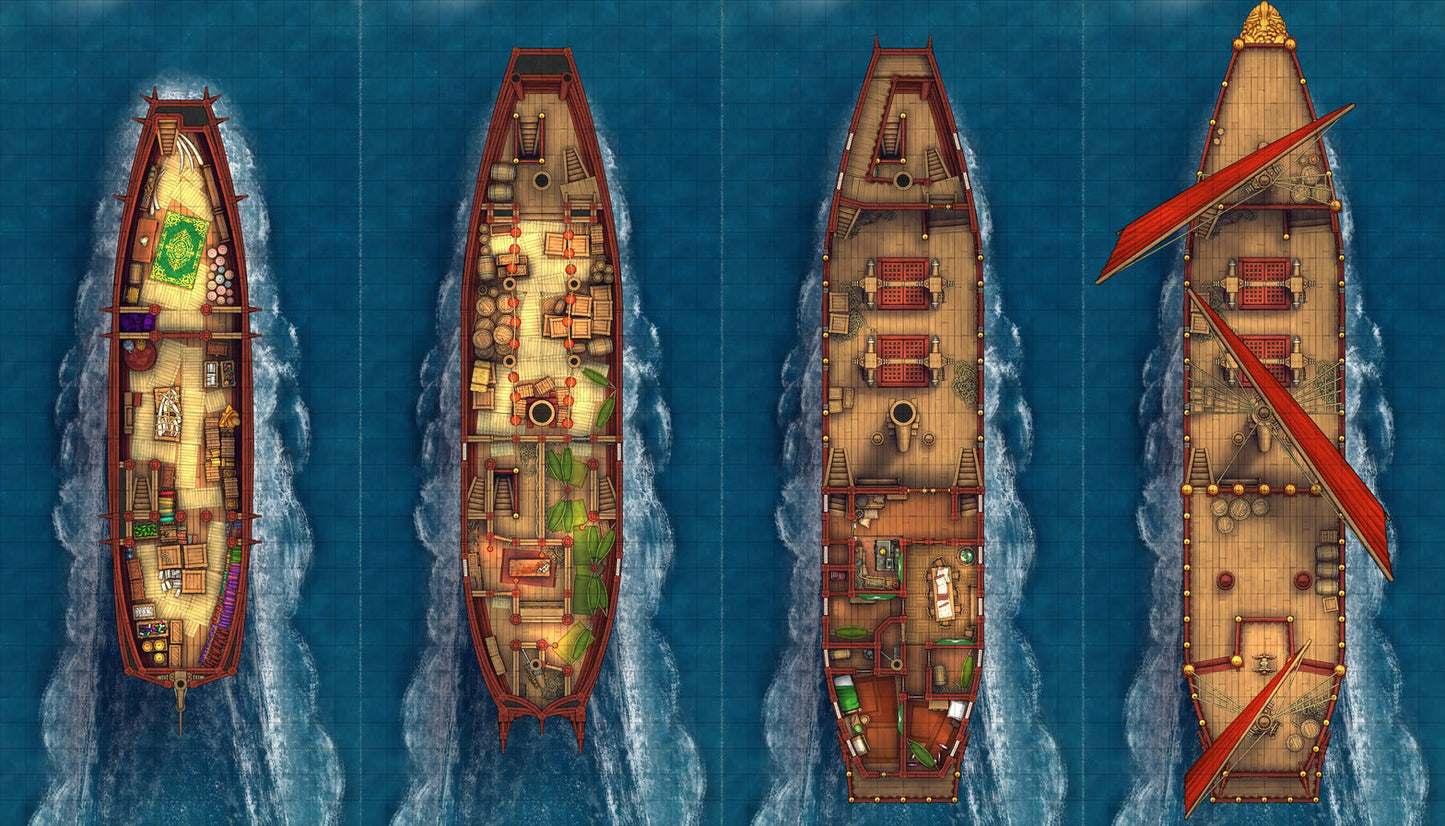 Chinese Junk Ship Battlemap - four ship deck plans - Digital, Foundry VTT, Print