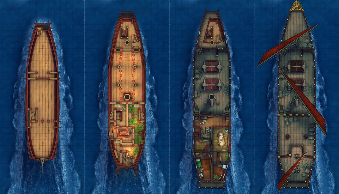 Chinese Junk Ship Battlemap - four ship deck plans - Digital, Foundry VTT, Print