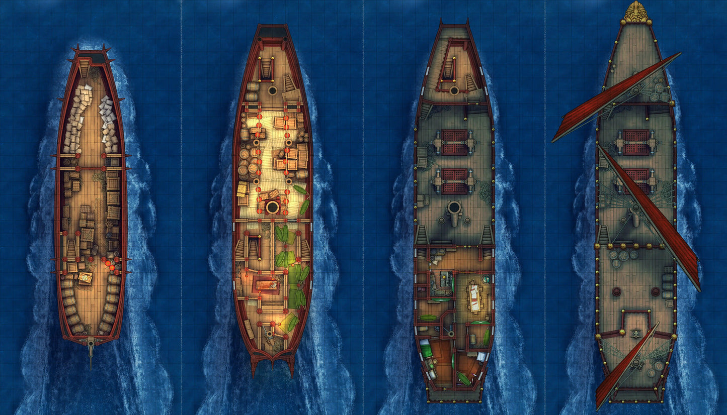 Chinese Junk Ship Battlemap - four top-down ship deck plans - Digital, Foundry VTT, Print