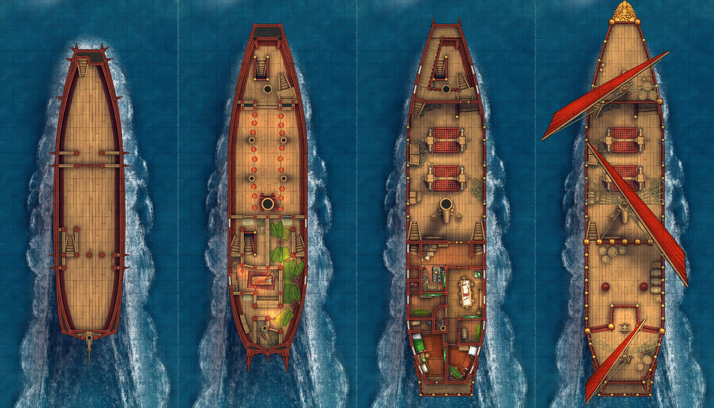 Chinese Junk Ship Battlemap - four top-down ship deck plans - Digital, Foundry VTT, Print