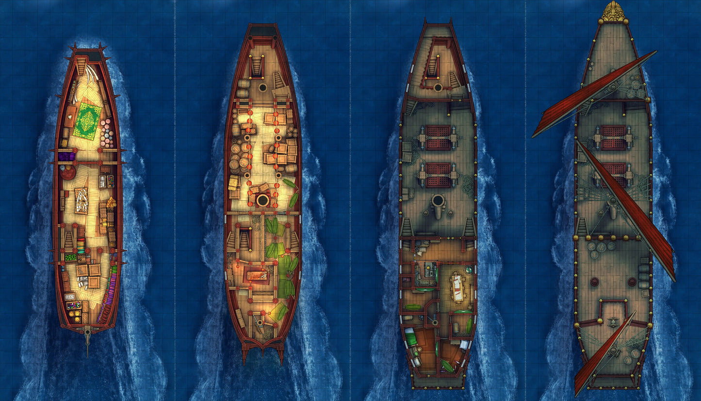 Chinese Junk Ship Battlemap - four top-down ship maps - Digital, Foundry VTT, Print