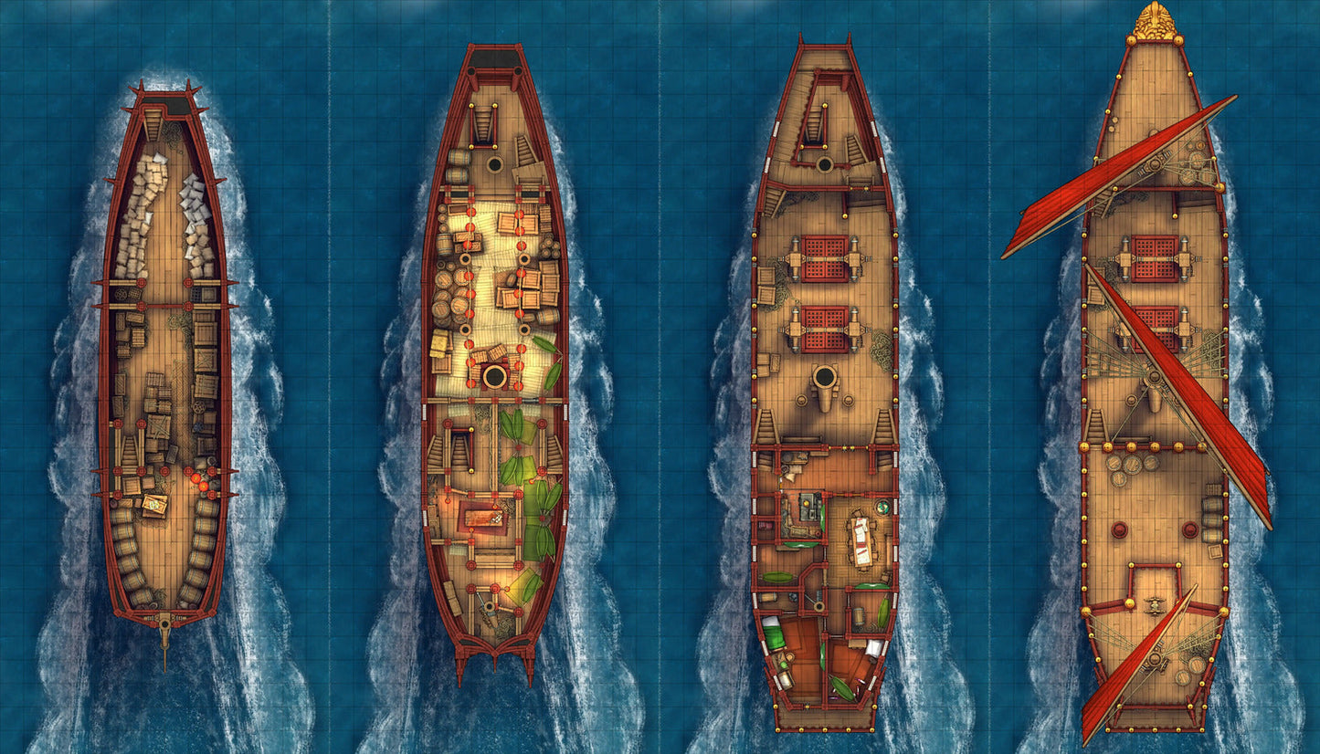 Chinese Junk Ship Battlemap - overhead views four ships - Digital, Foundry VTT, Print