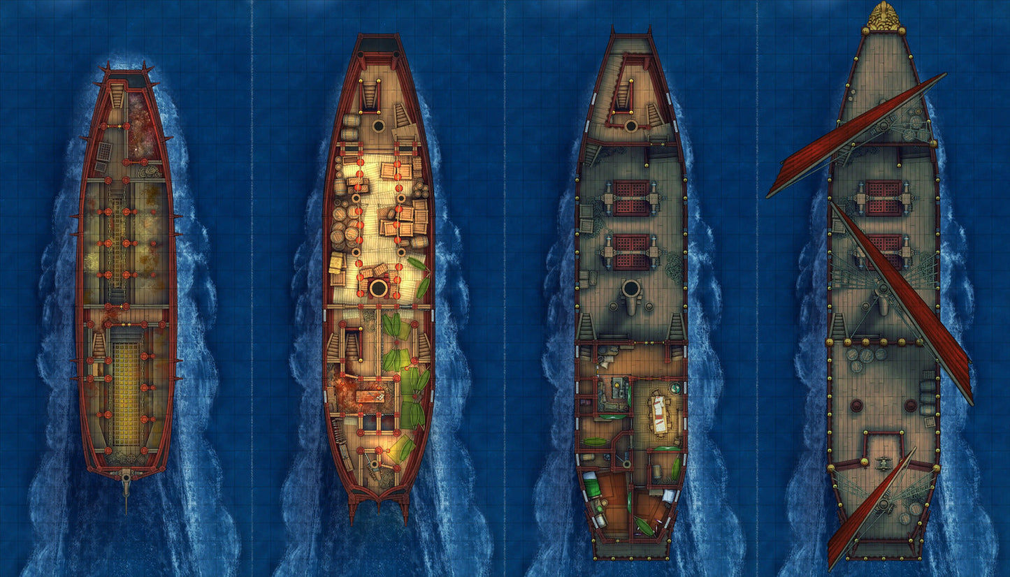 Chinese Junk Ship Battlemap - top-down view four ships - Digital, Foundry VTT, Print