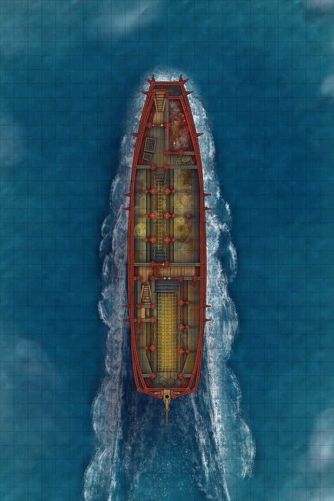 Chinese Junk Ship Battlemap - top-down view red ship blue - Digital, Foundry VTT, Print