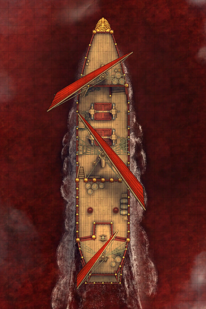 Chinese Junk Ship Battlemap - top-down view ship red sails - Digital, Foundry VTT, Print