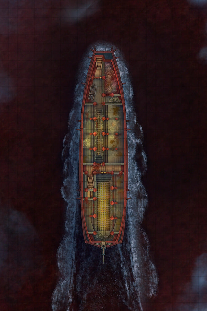 Chinese Junk Ship Battlemap - top-down view red-trimmed ship - Digital, Foundry VTT, Print
