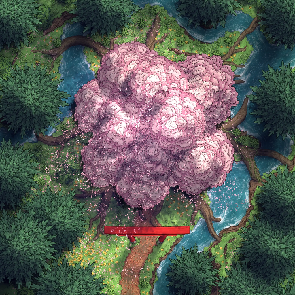 Giant Hollow Tree Shrine & More Battlemap - overhead view pink-blossomed tree - Digital, Foundry VTT, Print