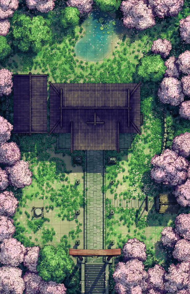 Hakurei Shrine Battlemap - overhead view japanese temple complex - Digital, Foundry VTT, Print