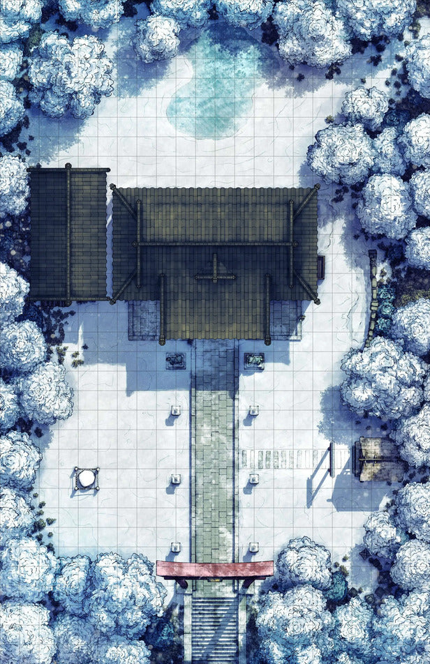 Hakurei Shrine Battlemap - snowy temple complex - Digital, Foundry VTT, Print