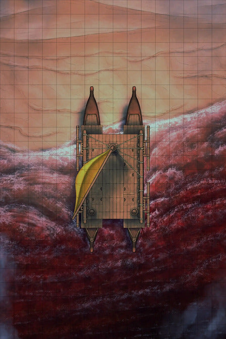 Polynesian Catamaran Canoe Battlemap - aerial ship yellow sail - Digital, Foundry VTT, Print