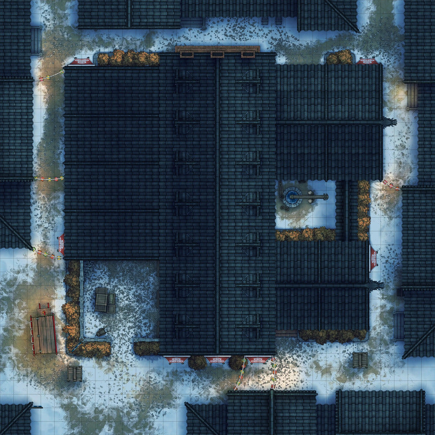 Smugglers’ Sake Brewery Hideout Battlemap - overhead view snowy asian-inspired town - Digital, Foundry VTT, Print
