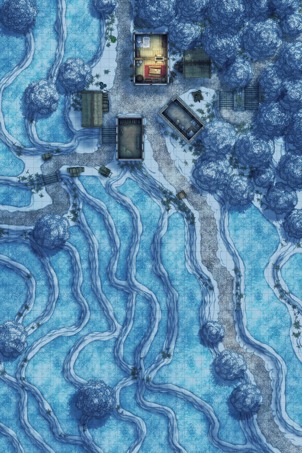 Terraced Rice Paddy Farm Battlemap - winter village map - Digital, Foundry VTT, Print