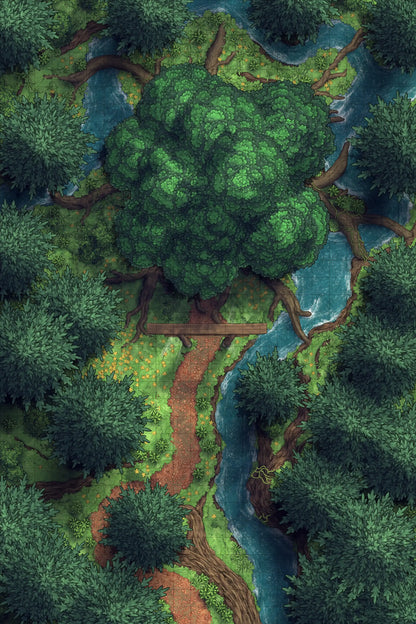Giant Hollow Tree Shrine & More Battlemap - overhead view forest tree river - Digital, Foundry VTT, Print