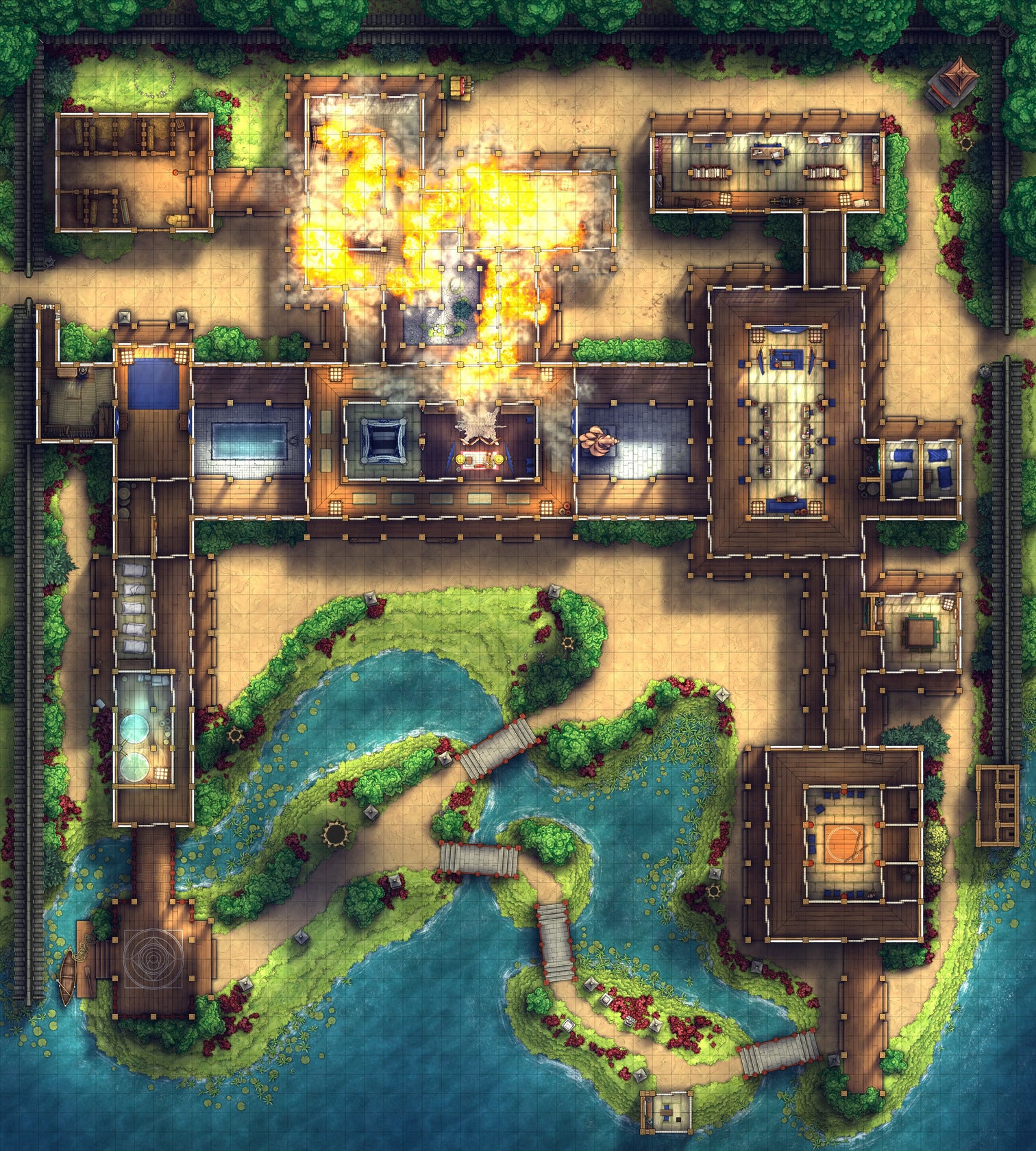 Japanese Mansion — Shinden Zukuri Battlemap - Japanese Mansion Shinden Zukuri 54x60 Fire 01