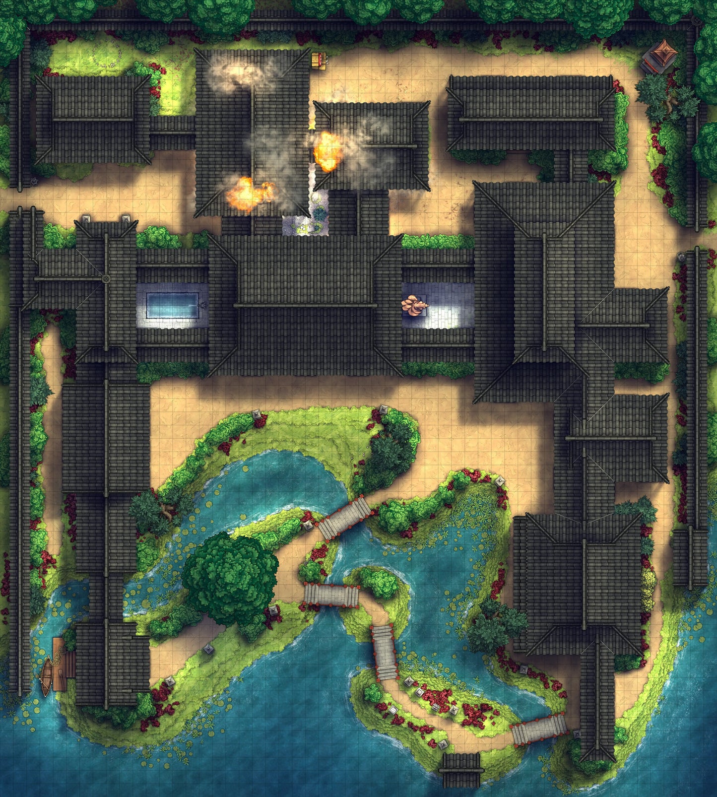Japanese Mansion — Shinden Zukuri Battlemap - Japanese Mansion Shinden Zukuri 54x60 Fire 02