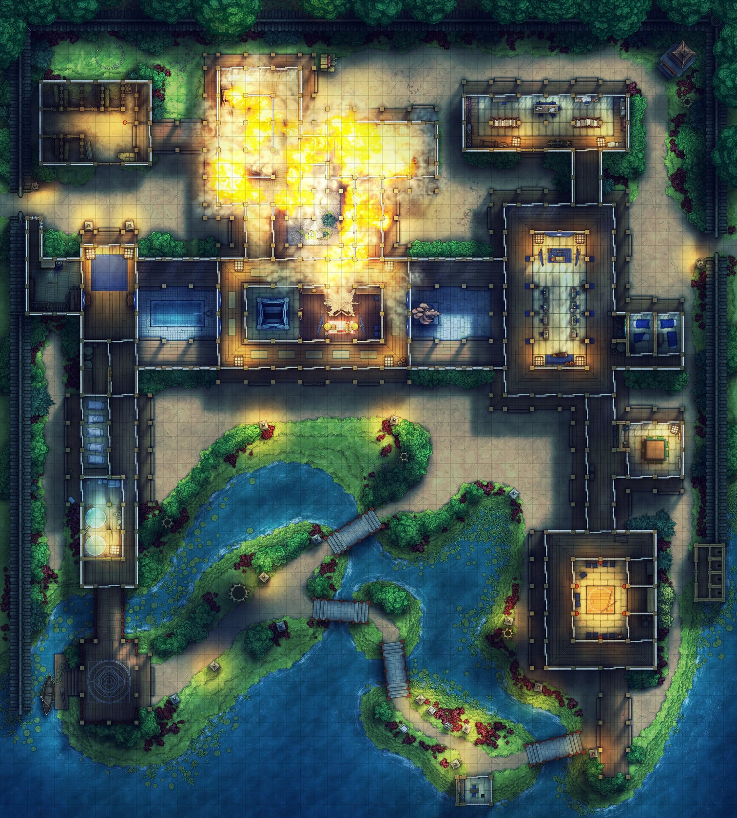Japanese Mansion — Shinden Zukuri Battlemap - Japanese Mansion Shinden Zukuri 54x60 Fire Night 01