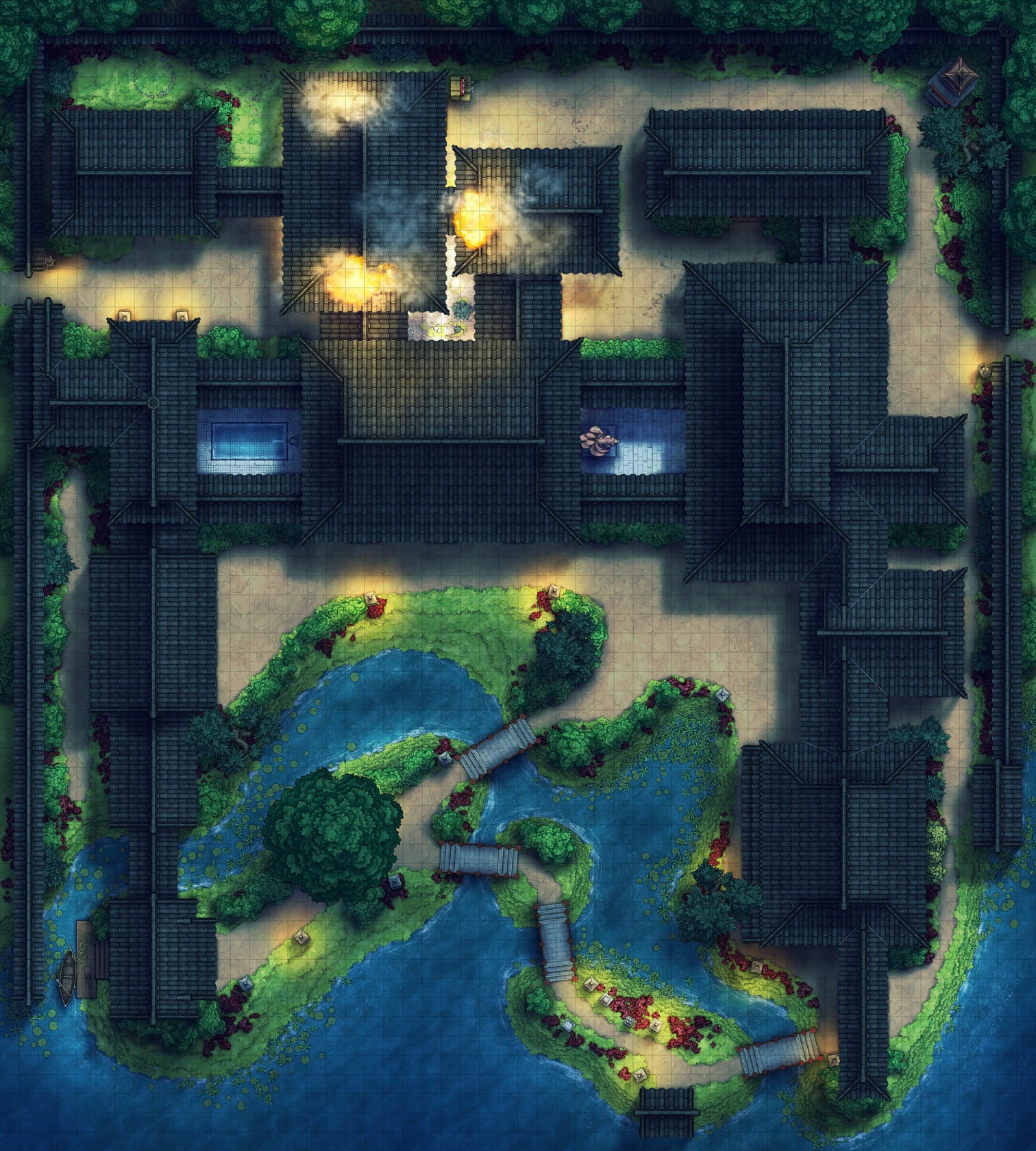 Japanese Mansion — Shinden Zukuri Battlemap - Japanese Mansion Shinden Zukuri 54x60 Fire Night 02