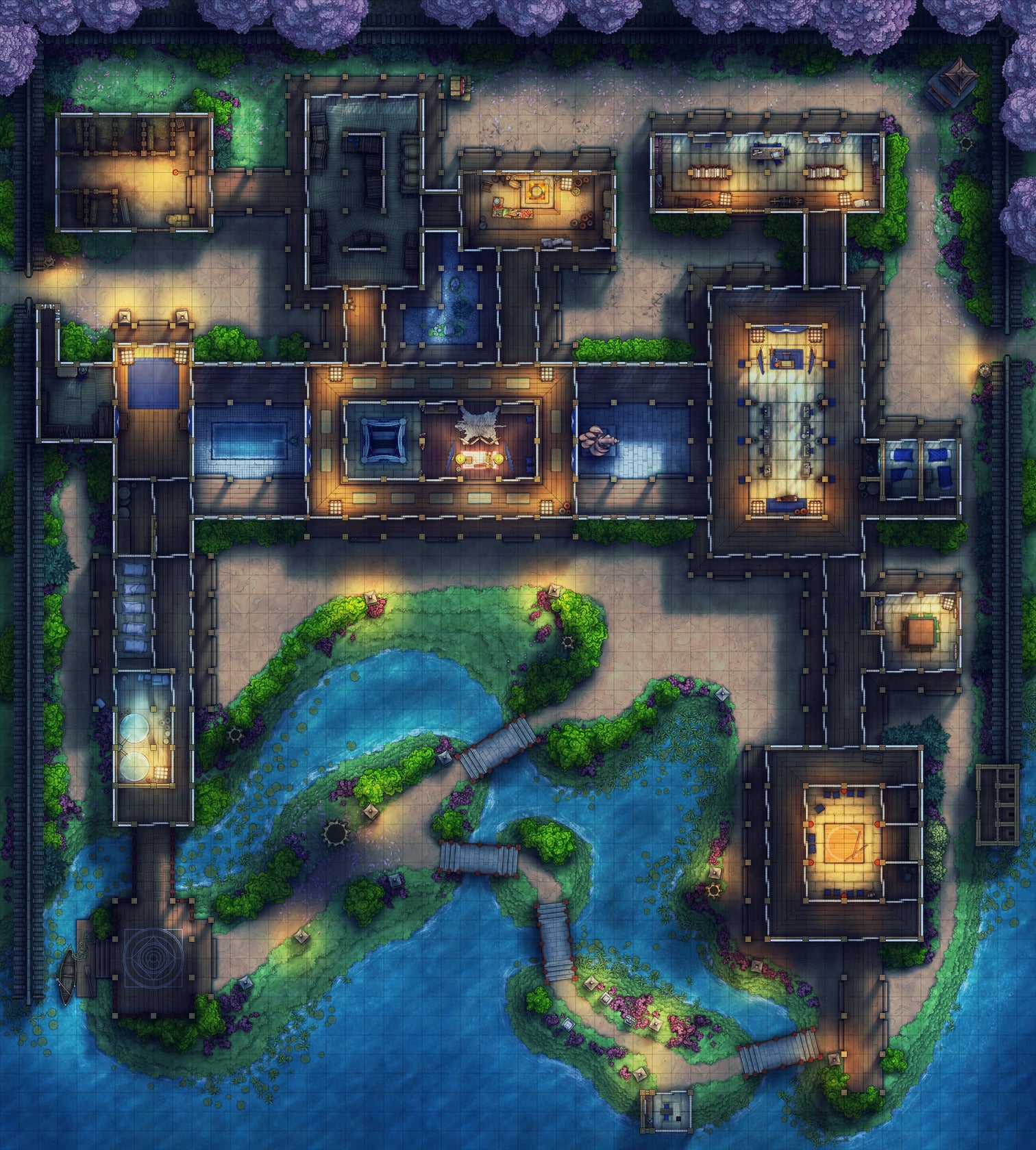 Japanese Mansion — Shinden Zukuri Battlemap - Japanese Mansion Shinden Zukuri 54x60 Spring Night 01