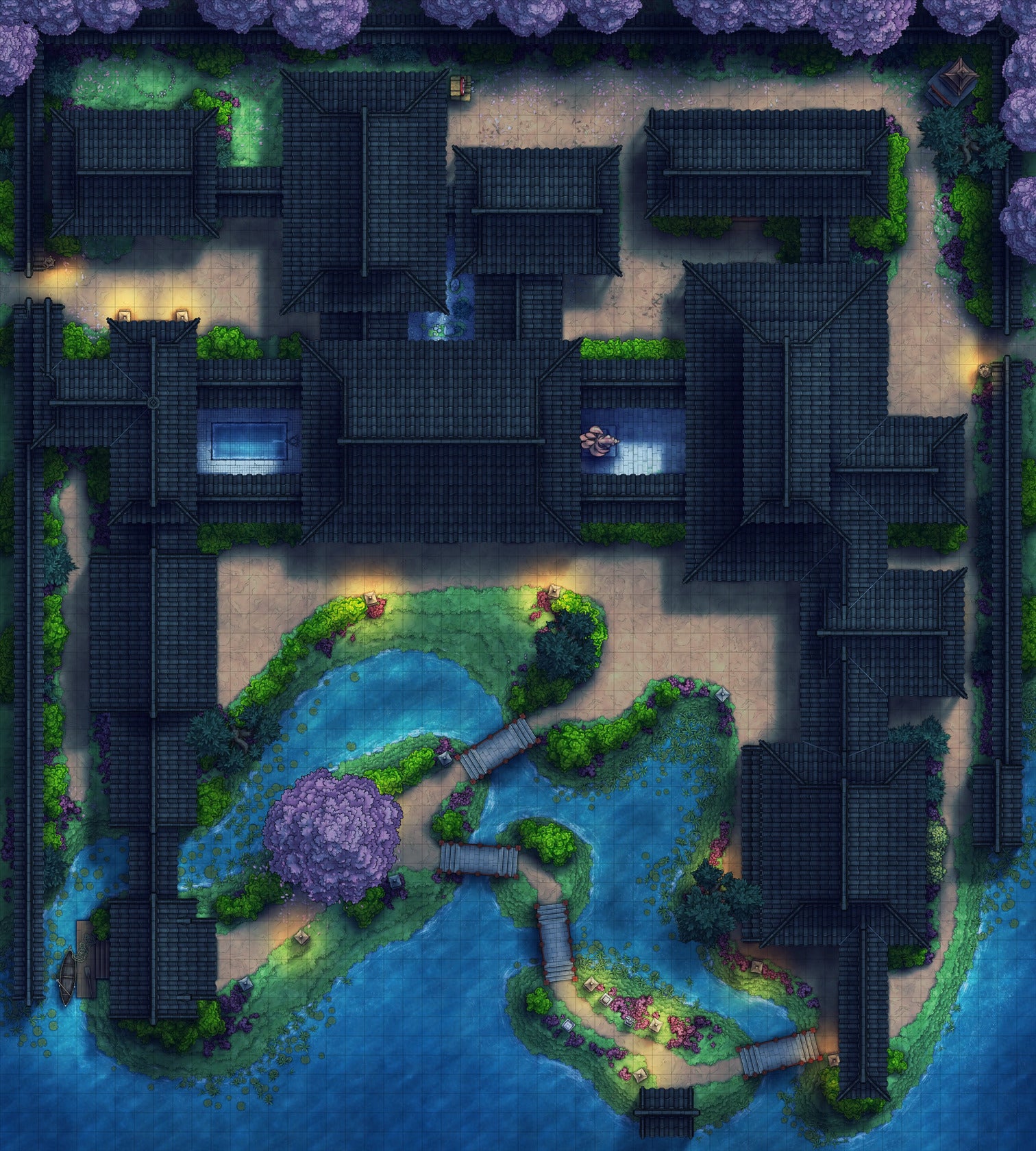 Japanese Mansion — Shinden Zukuri Battlemap - Japanese Mansion Shinden Zukuri 54x60 Spring Night 02