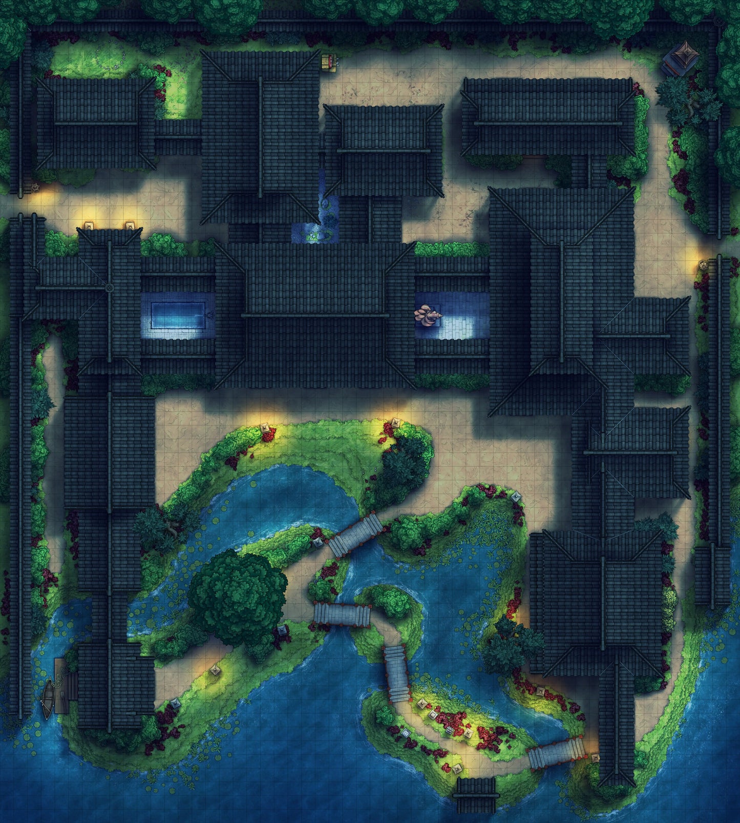 Japanese Mansion — Shinden Zukuri Battlemap - Japanese Mansion Shinden Zukuri 54x60 Summer Night 02