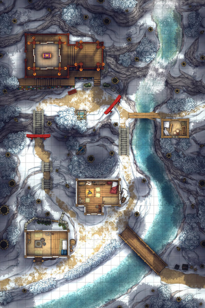 Japanese Mountain Village Temple Map Battlemap - snowy mountain village - Digital, Foundry VTT, Print