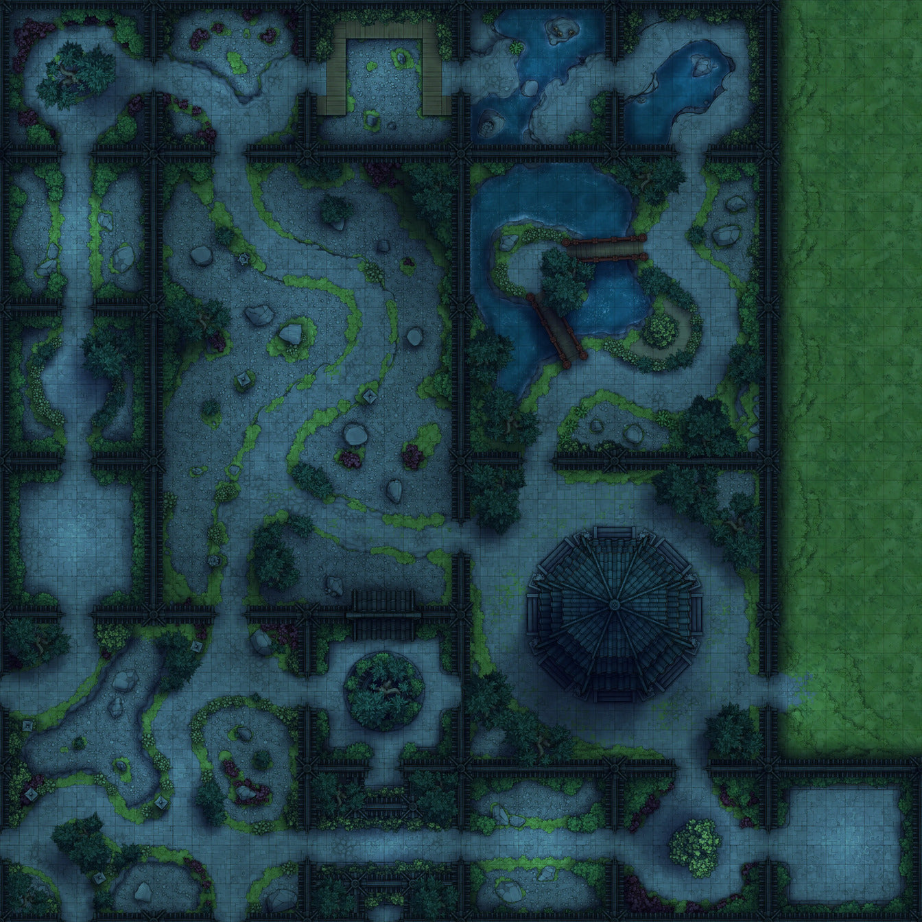 Modular Garden Tileset & Assets Battlemap - Prefab Garden 48x48 Night