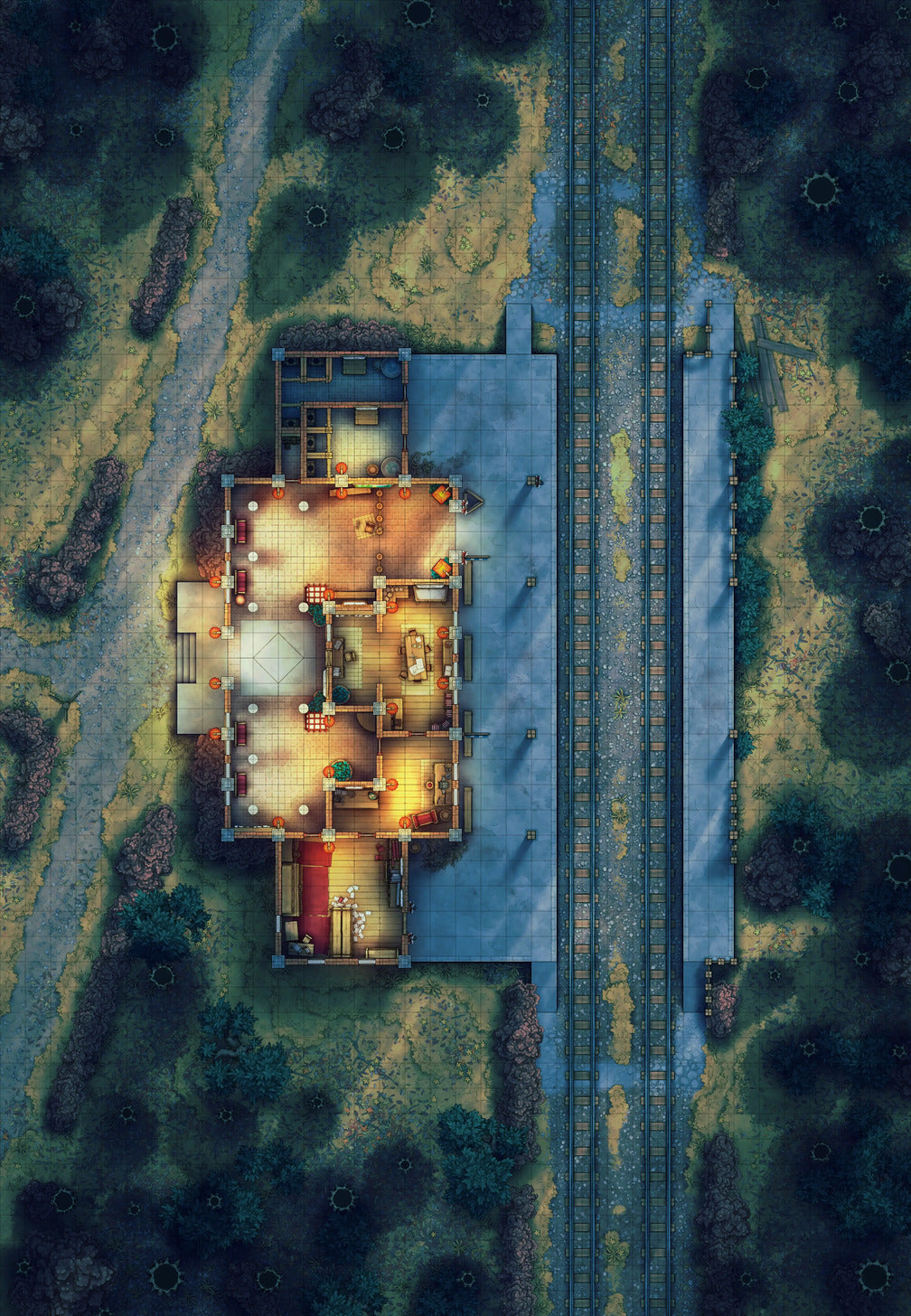 Rural Train Station Battlemap - Autumn 01 Night - DnD Map, Digital, Foundry VTT, Print
