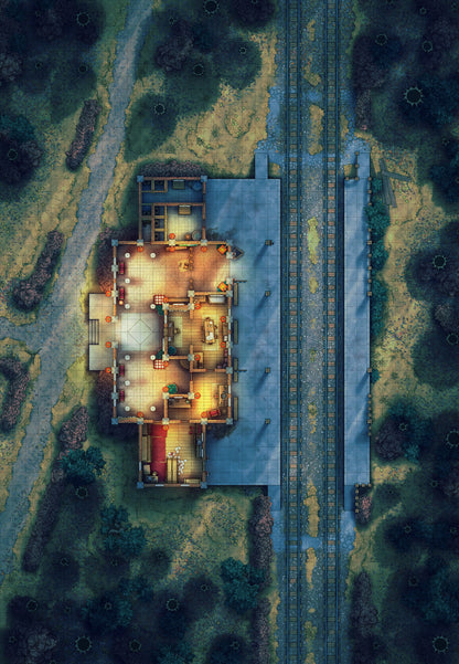 Rural Train Station Battlemap - Autumn 01 Night - DnD Map, Digital, Foundry VTT, Print