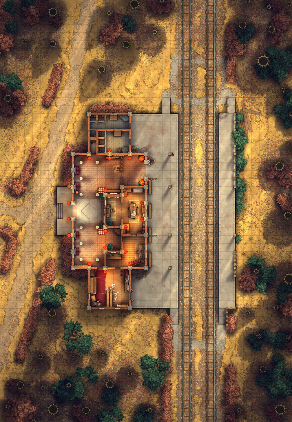 Rural Train Station Battlemap - Autumn 01 - DnD Map, Digital, Foundry VTT, Print
