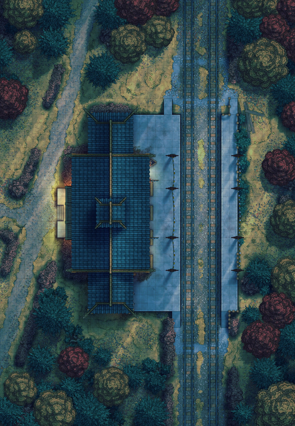 Rural Train Station Battlemap - Autumn 02 Night - DnD Map, Digital, Foundry VTT, Print
