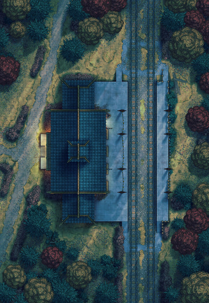 Rural Train Station Battlemap - Autumn 02 Night - DnD Map, Digital, Foundry VTT, Print
