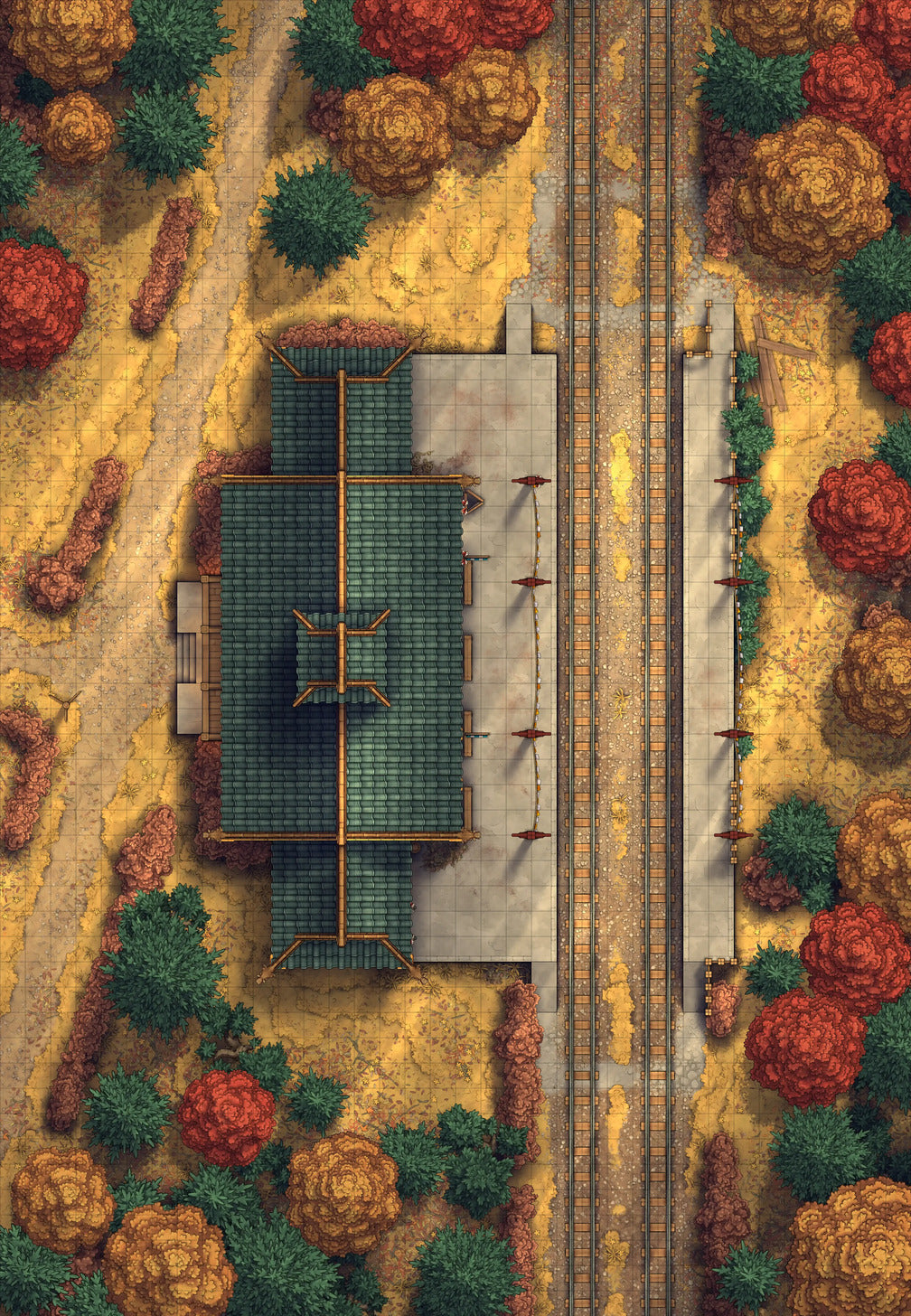 Rural Train Station Battlemap - Autumn 02 - DnD Map, Digital, Foundry VTT, Print