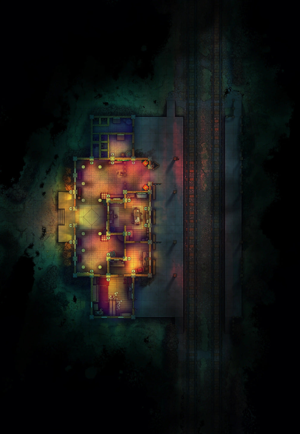 Rural Train Station Battlemap - Nightmare 01 Night - DnD Map, Digital, Foundry VTT, Print