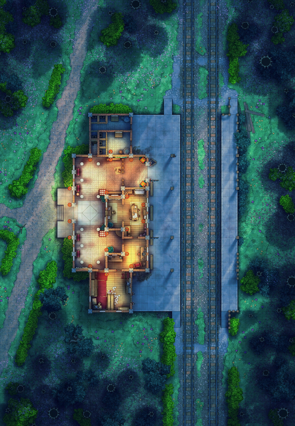 Rural Train Station Battlemap - Spring 01 Night - DnD Map, Digital, Foundry VTT, Print