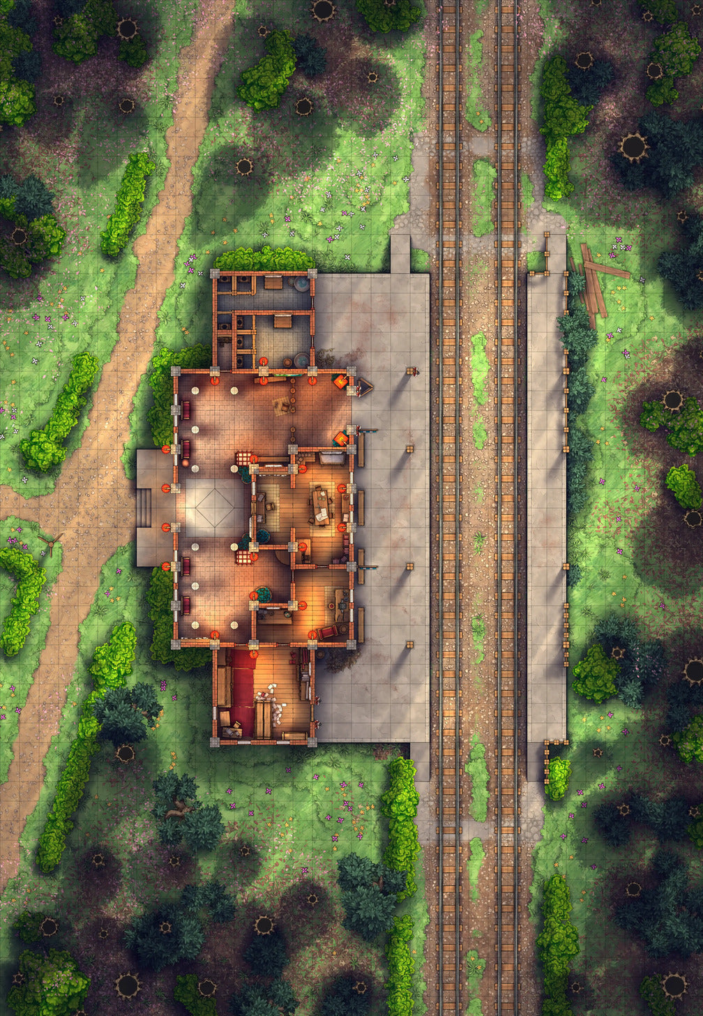 Rural Train Station Battlemap - Spring 01 - DnD Map, Digital, Foundry VTT, Print