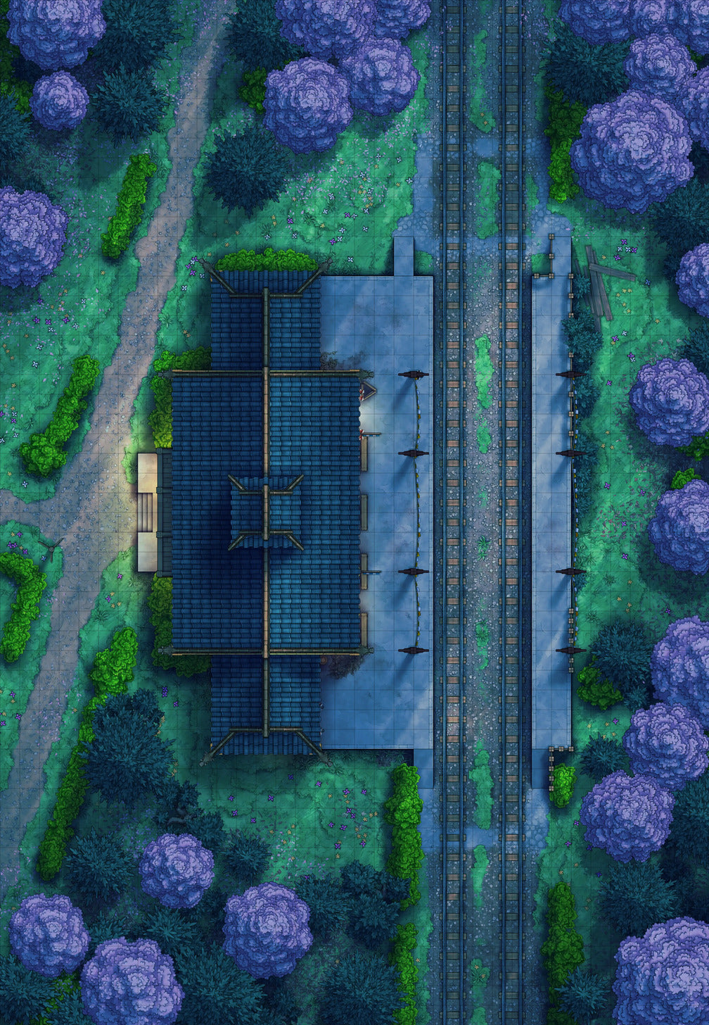 Rural Train Station Battlemap - Spring 02 Night - DnD Map, Digital, Foundry VTT, Print